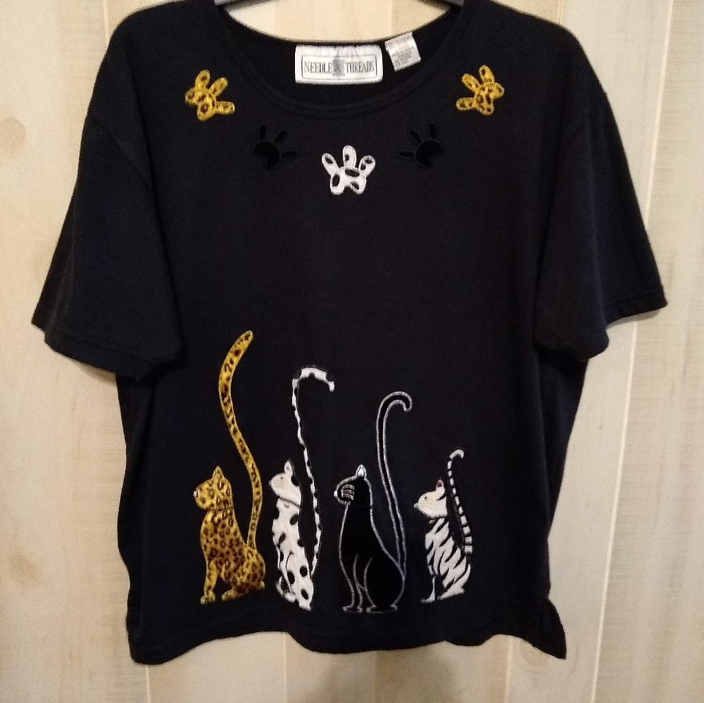 Black Knit Shirt with Application of Cats and Flowers. Size Large.